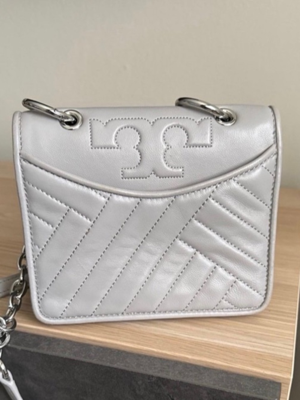 Tory Burch White Quilted Leather Mini Crossbody with Chain Strap